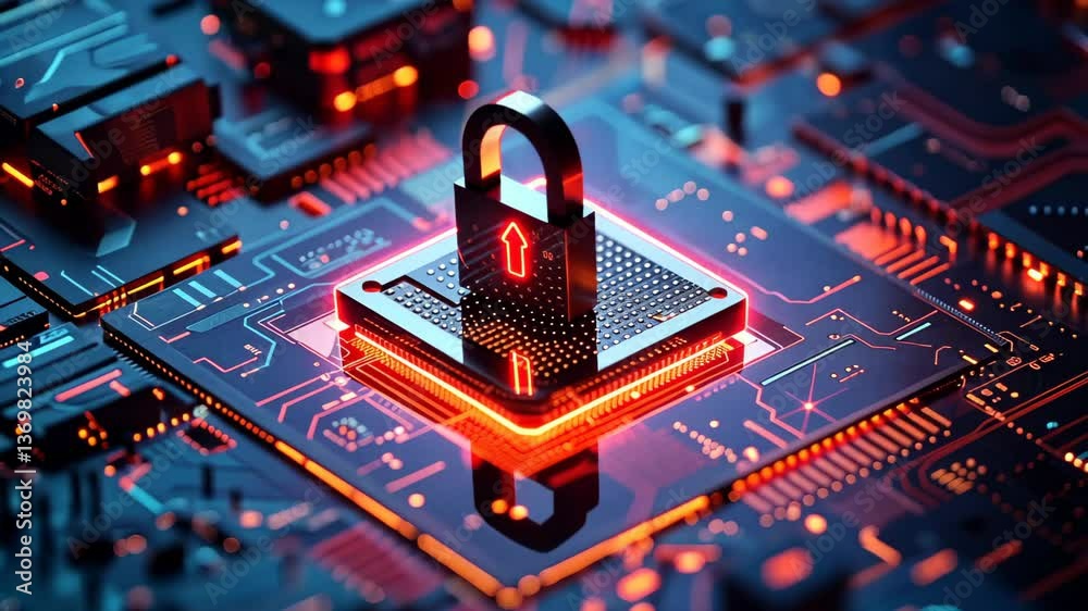 Poster a secure lock stands on a microchip within an interconnected circuit board, illuminated by glowing r