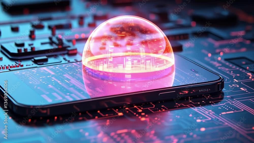 Poster glowing force field enveloping a smartphone on a circuit board, representing mobile security and dat