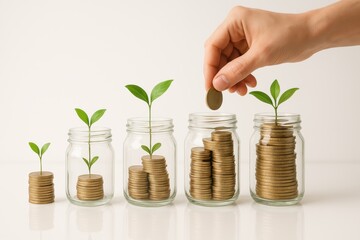 Growing Investment: A human hand places a coin into a jar overflowing with money, with growing plants, showcasing the concept of investment and financial growth.
