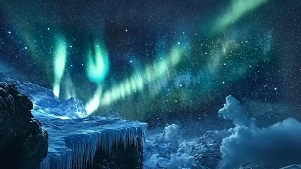 Majestic aurora borealis illuminating a frozen landscape with icy cliffs and starry night sky - Powered by Adobe