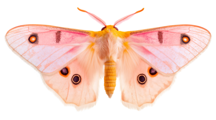 A small, pink and yellow butterfly with black spots on its wings
