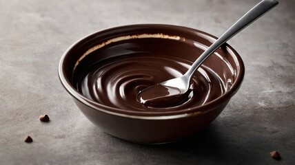 Fototapeta premium A rich bowl of melted chocolate with a silver spoon, emanating a glossy and indulgent allure.
