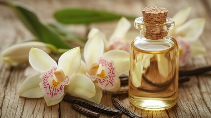 Vanilla essential oil in glass bottle with vanilla beans and white orchid flowers on wooden table