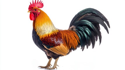 Colorful rooster with vibrant feathers standing on white background.