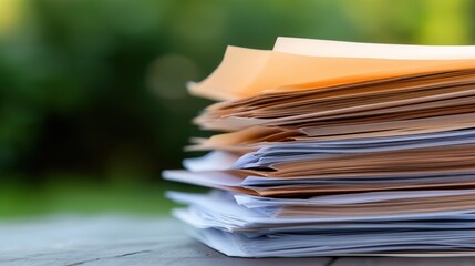 Stacked Papers on Outdoor Table Background
