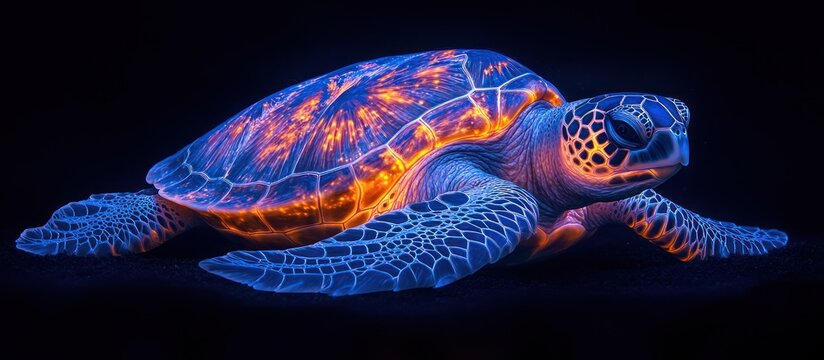 Glowing sea turtle in dark ocean.