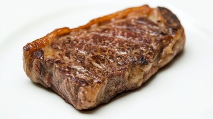 Close-up of grilled ribeye steak with seared crust on white background.