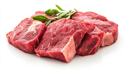 Fototapeta premium Fresh beef steak cuts with herbs on white background for raw meat cuisine concept.