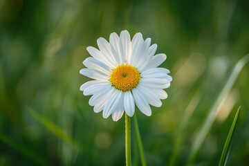 Fototapeta premium Beautiful White Daisy Flower with Yellow Center in Green Grass