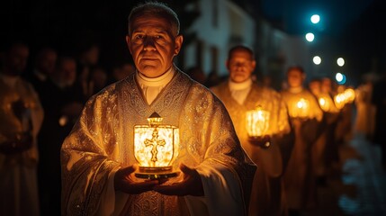 Fototapeta premium In an enchanting evening atmosphere, a group of devoted priests parades through the quiet streets, holding glowing lanterns that symbolize hope and renewal during Easter festivities