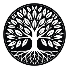 Black and White Ornamental Vector Tree with Floral and Tribal Elements