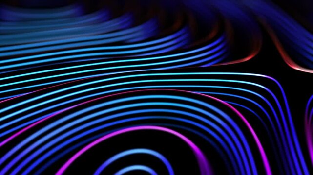 Smooth wave motion of bright neon curved lines on black background. Abstract concept of artificial intelligence (AI), data science or digital communication. Sound waves equalizer, 4K looped video