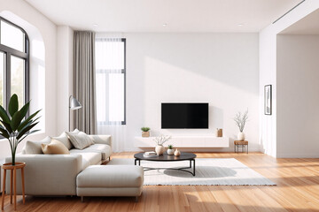 Bright, minimalist living room with white walls, wooden floor, sofa, TV, plant, big windows and natural light.