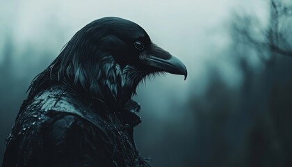 Naklejka premium Anthropomorphic Raven, Blending Animal, Human Traits, Against Dark, Atmospheric Background