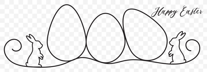 Continuous One Line Drawing of Cute Easter Rabbit with Egg. Easter Bunny for Spring Design in Simple Linear Style. Editable Stroke. Rabbit Doodle Black on Transparent Vector Illustration. EPS 10.