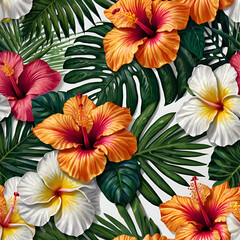 Vibrant hibiscus, plumeria, and palm leaves in a 3D-rendered tropical style, arranged in a repeating pattern with a clean