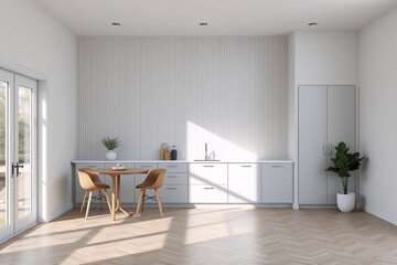 Fototapeta premium Bright, minimalist room with natural light. A small round table and chairs create a dining area near a simple kitchen setup with cabinets and sink. Wood floor and neutral palette.
