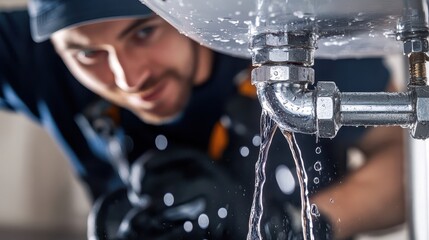 A plumber is inspecting a leaking pipe with water flowing out