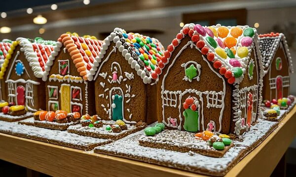 Row of decorated gingerbread houses