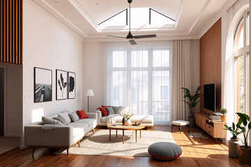 Fototapeta premium Bright living room with natural light streaming through large windows. Modern sofa, round coffee table, and TV stand furnish the space. Plants add a touch of nature.