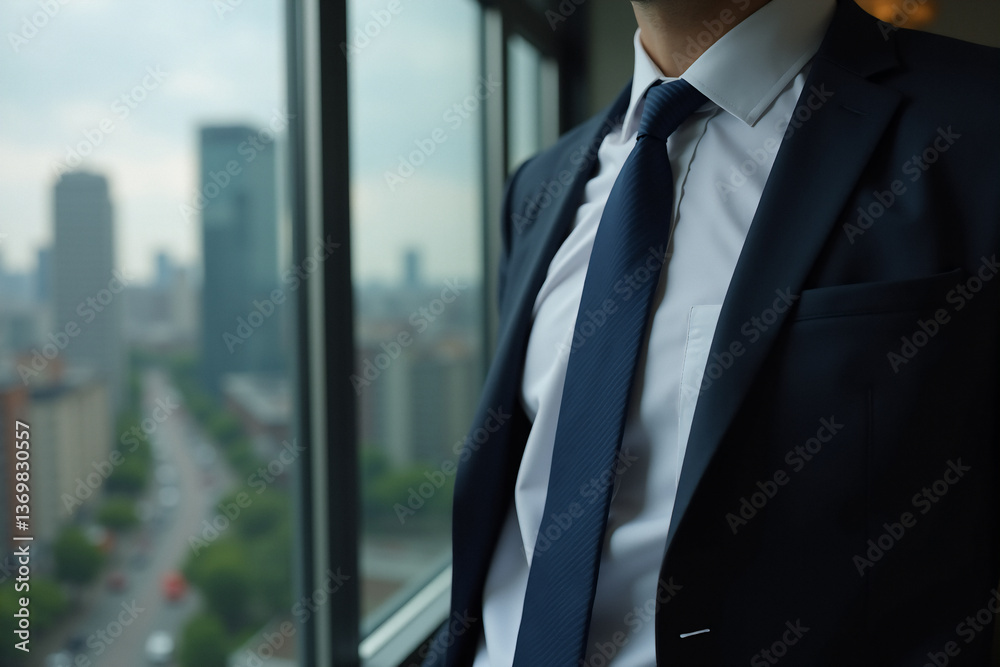 Poster man in a suit gazes out of a window at the cityscape. dressed formally, he observes the urban scener