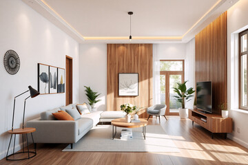 Fototapeta premium Modern living room with wooden wall paneling and flooring. Neutral tones, comfortable sofa, plants, and natural light fill the stylish interior.