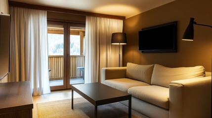 Naklejka premium Modern cozy apartment living room with balcony view. Possible use Interior design stock photo