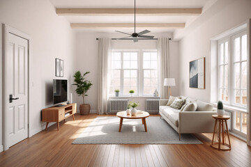Fototapeta premium Bright interior living room with white walls, wooden floor, and ceiling beams. Natural light fills the space furnished with a sofa, table, TV stand, and plant.