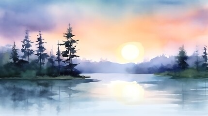 Serene Sunset Over a Misty Lake and Pine Trees