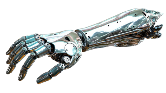 Cybernetic Arm: Futuristic vision of a detailed, polished cybernetic arm with intricate mechanical features, highlighting technological advancement and artificial intelligence.