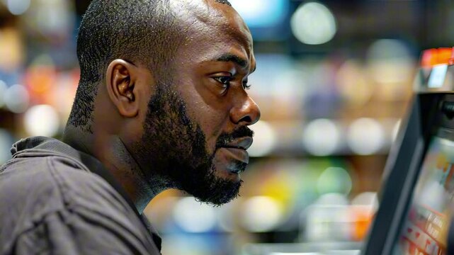 Afro american man with focused expression using self-checkout SCO machine at grocery store under bright lights, surrounded by shelves. Concept of digital retail and POS self-service interaction