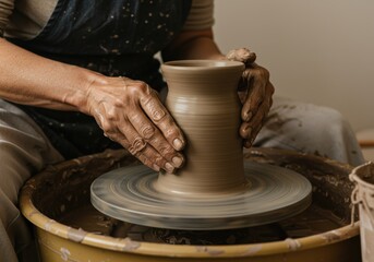 A skilled potter's hands delicately shape a clay vase on a spinning pottery wheel in the studio.