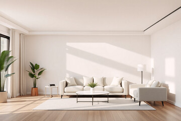 Fototapeta premium Bright living room filled with natural light showcases a cream sofa, armchair, and potted plants. Minimalist decor with wooden floors and white walls creates a serene and spacious interior.