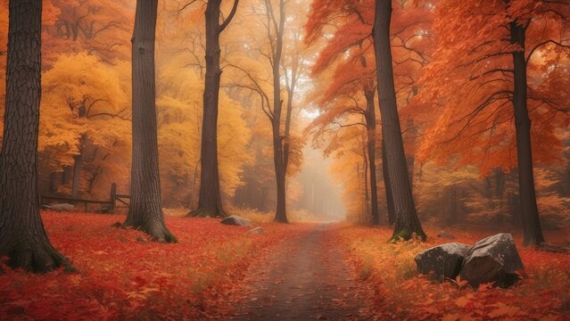 A vibrant red tree stands alone by a dark asphalt road,