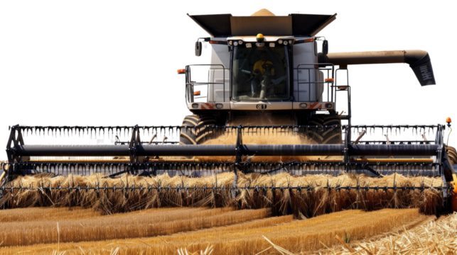 Golden Harvest: A massive combine harvester methodically cuts through fields of ripe wheat, showcasing agricultural technology and the process of food production.