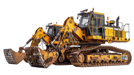 Powerful Excavators: Two robust excavators stand side-by-side, showcasing their heavy-duty construction, poised for the next excavation project, reflecting industry and technology.