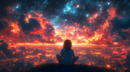 Child Gazing at a Starry Galaxy &ndash; Surreal Night Sky Dreamscape