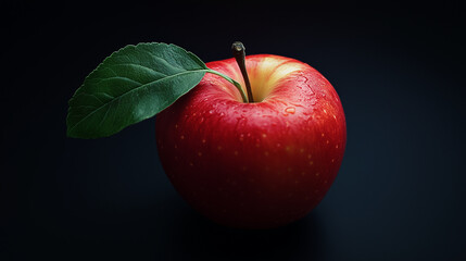 Close-up of a red apple with water droplets, centered against a dark background.