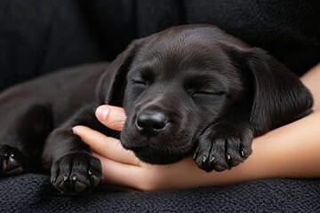 A Labrador Retriever puppy sleeping on its owner lap, paws twitching as it dreams