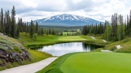 Pristine golf course with mountain backdrop
