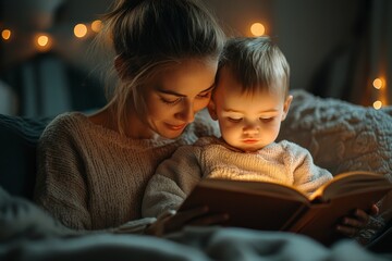 Mom reading book with baby boy toddler at home. Early age children education, development. Mother and child kid spending time together. Family authentic candid