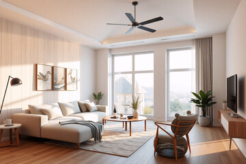 Fototapeta premium Bright living room with beige sofa, wooden furniture, ceiling fan, and large windows overlooking a cityscape view.