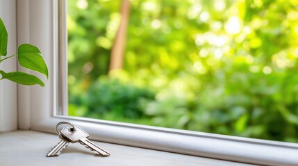 Keys on Windowsill with Green Background
