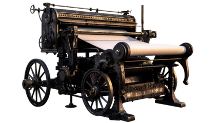 Vintage Printing Press: An intricate, antique printing press stands as a testament to the industrial revolution. This historical machine showcases the ingenuity of the past, with its gears, rollers.