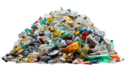 Pile of Plastics: An assortment of colorful plastics forms a stark, imposing mound, visually representing the overwhelming issue of waste, consumerism, and its impact on the environment.