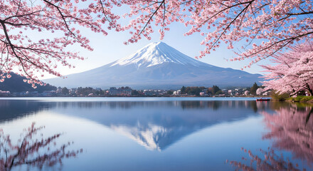 Pink Cherry Blossoms Frame Mountain Fuji Reflection Lake