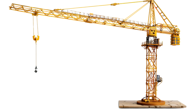 Towering Crane: A sturdy yellow construction crane, ready to lift and build, stands against a clear backdrop, symbolizing industry, infrastructure, and progress. 