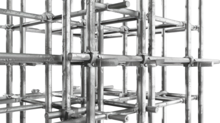 Metallic Scaffold Structure: Intricate network of metal scaffolding, highlighting industrial design and architectural possibilities. The sturdy steel framework stands against a subtle backdrop.