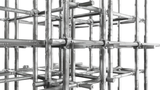 Metallic Scaffold Structure: Intricate network of metal scaffolding, highlighting industrial design and architectural possibilities. The sturdy steel framework stands against a subtle backdrop.