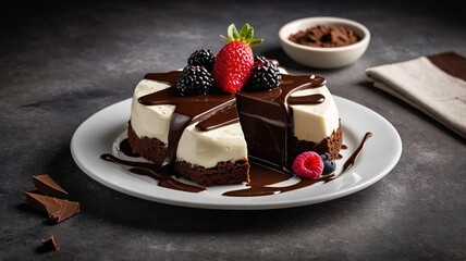 Indulgent chocolate dessert with creamy layers, garnished with berries and drizzled with chocolate sauce.